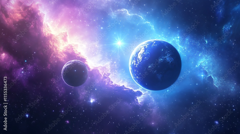 Obraz premium Stunning Digital Painting: Planets Glowing Vividly in a Cosmic Nebula. AI Generated