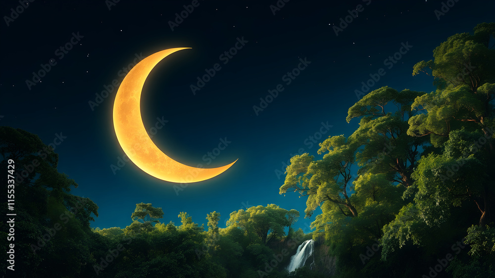 Naklejka premium Abstract crescent moon and stars glowing softly on a gradient background of deep blue and gold