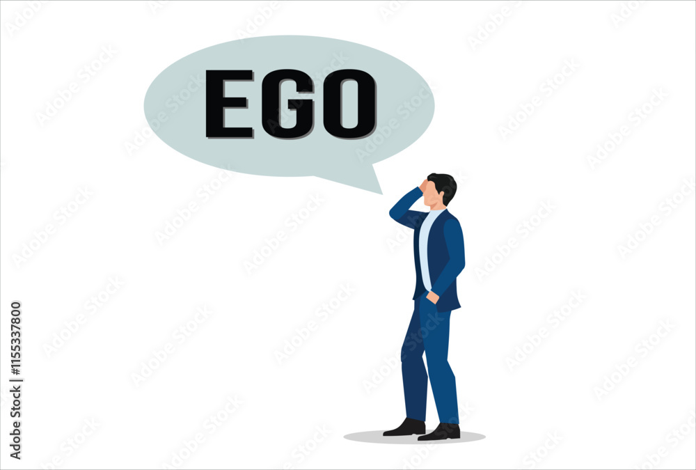 Big ego, overconfident boss, self-important mistake concept, overconfident businessman with big EGO bubble. Big ego, overconfident boss, self-important mistake concept, overconfident businessman with big EGO bubble.