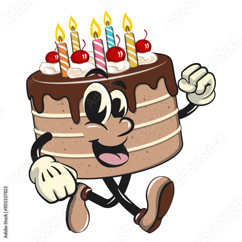 cute birthday chocolate cake cartoon character mascot walking, work of hand drawn