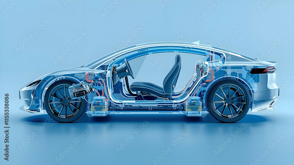 Modern electric car chassis x-ray vehicle battery on blue background Modern electric car chassis x-ray vehicle battery on blue background