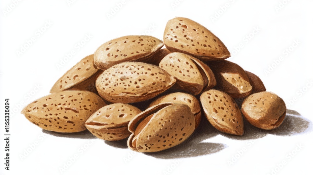 Close-up of a group of almonds, highlighting the intricate textures of their shells, set against a clean white backdrop Close-up of a group of almonds, highlighting the intricate textures of their shells, set against a clean white backdrop