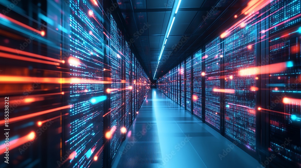 Data Streams Flowing Rapidly Through Futuristic Server Room 3D Render. AI Generated Data Streams Flowing Rapidly Through Futuristic Server Room 3D Render. AI Generated