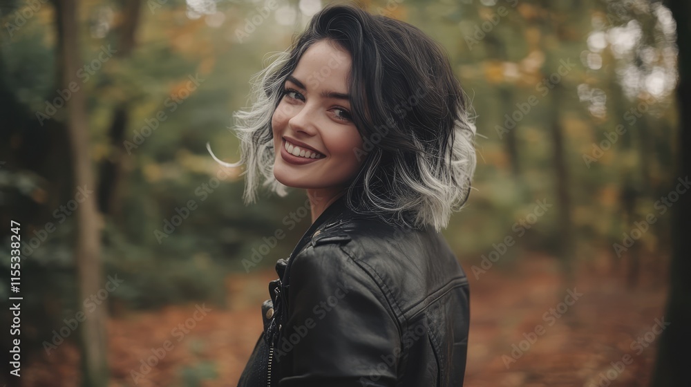 Smiling young woman with trendy black and white hair in leather jacket poses gracefully in lush green forest setting during autumn season Smiling young woman with trendy black and white hair in leather jacket poses gracefully in lush green forest setting during autumn season