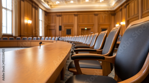 Minimalist wide-angle interior showing empty municipal council chamber, featuring sleek chairs surrounding prominent wooden podium photo