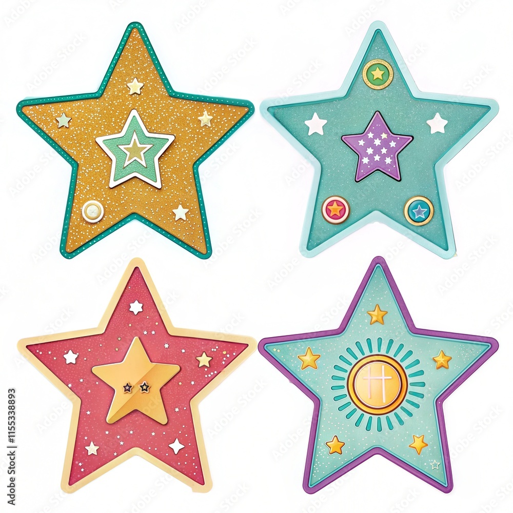 Vibrant Star Themed Sticker Set with Whimsical Patterns and Designs Vibrant Star Themed Sticker Set with Whimsical Patterns and Designs