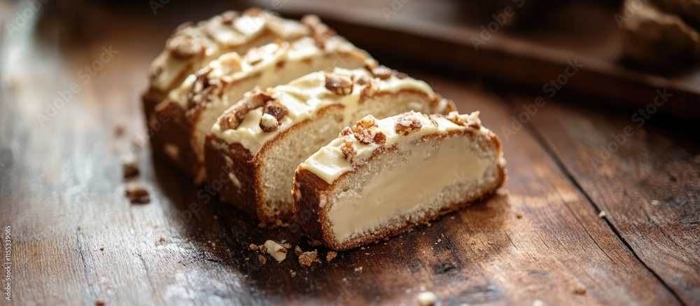 Sliced traditional stollen cake with marzipan and nuts placed on a rustic wooden surface showcasing holiday baking delights. Sliced traditional stollen cake with marzipan and nuts placed on a rustic wooden surface showcasing holiday baking delights.