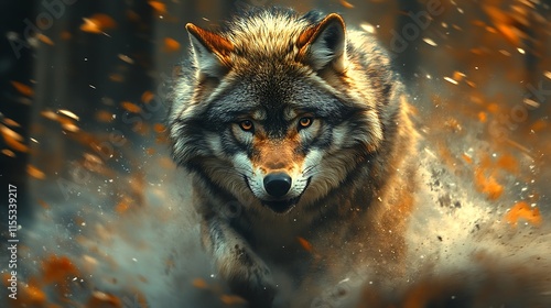 Wolf dashing through fiery forest surrounded by vibrant sparks and motion wallpaper image photo