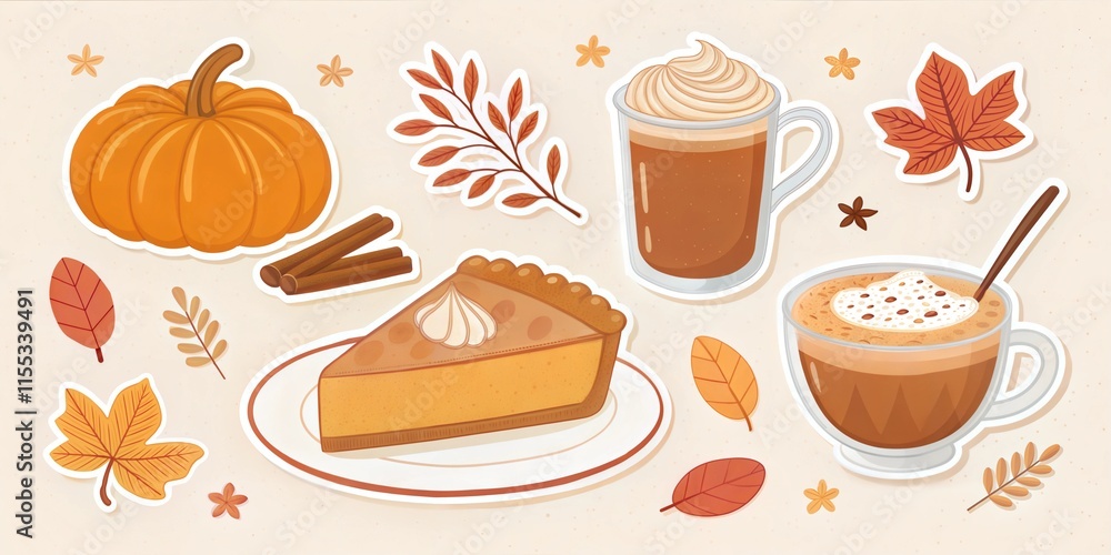 Cozy Autumn Vibes with Pumpkin, Pie, and Warm Drinks Illustration Cozy Autumn Vibes with Pumpkin, Pie, and Warm Drinks Illustration