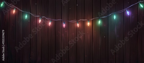 Festive garland of colorful lights glowing at night against a rustic wooden backdrop creating a warm and inviting holiday atmosphere photo