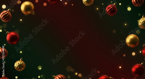 Christmas Ornament Frame:  A festive and elegant frame with red and gold Christmas ornaments against a deep green and red bokeh background.  Perfect for holiday invitations, cards.