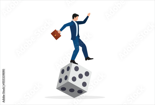 Investment risk, stock trader, gambling, uncertainty, possibility of losing money or make a profit from investment concept, greedy investor man dare trying to balance himself on spinning unstable