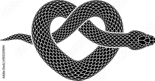 Vector tattoo design of snake knotted in form of heart symbol. Isolated illustration of black serpent silhouette.