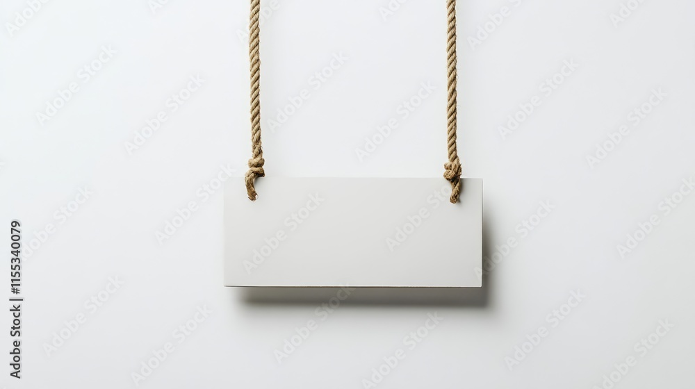 Blank promotional sign suspended by rope on a white background for customizable advertising and marketing purposes. Blank promotional sign suspended by rope on a white background for customizable advertising and marketing purposes.