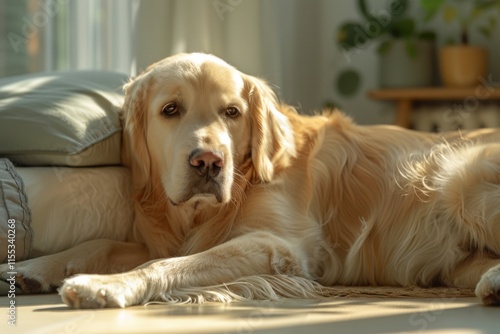 A golden retriever lies comfortably on the bedroom floor, basking in warm sunlight. The room is cozy with soft, neutral tones and a relaxing ambiance. photo