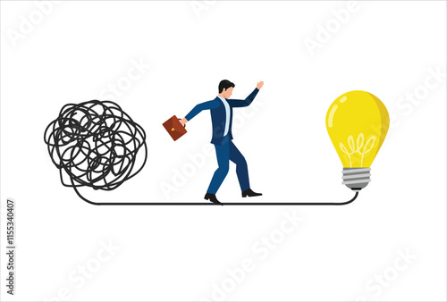 Simplify idea to find solution, thinking process or creativity to solve problem, discover easy way to understand concept, smart businessman walking away from mess chaos line to simple lightbulb idea.