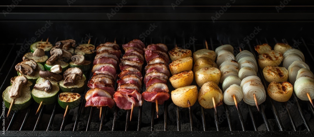 Grilled vegetable and meat skewers featuring potatoes zucchini bacon mushrooms onion kohlrabi on a barbecue grill close up photography Grilled vegetable and meat skewers featuring potatoes zucchini bacon mushrooms onion kohlrabi on a barbecue grill close up photography