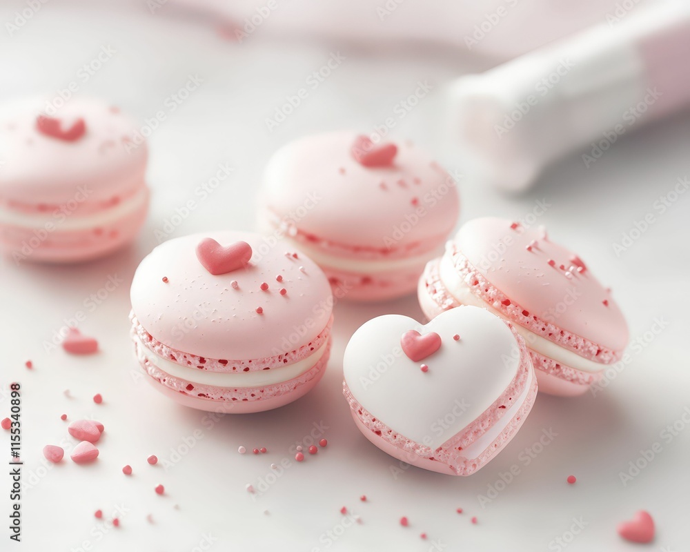 Delightful baking action featuring heart-shaped macarons in a cozy kitchen setting with charming pink decor Delightful baking action featuring heart-shaped macarons in a cozy kitchen setting with charming pink decor