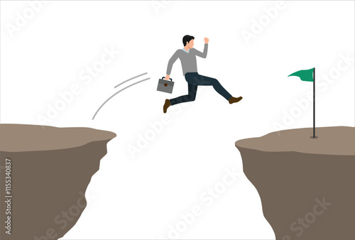 Taking risks for success, courage to overcome challenges concept, brave businessman jumping over the cliff gap to reach the flag of success on the other side of the cliff.