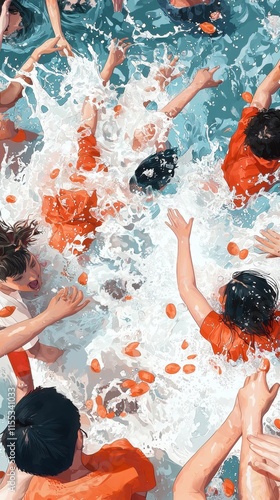 Vibrant splash of joy at the spanish tomatina festival poolside celebration clean lineart art style elegant environment photo