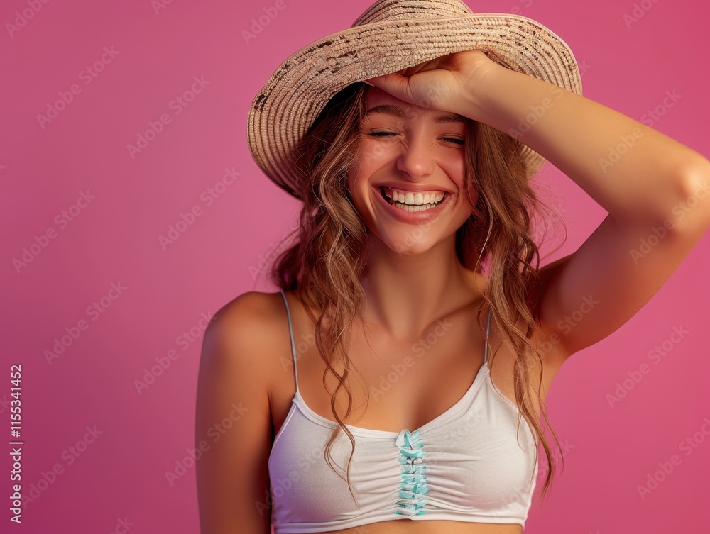 A joyful person in a straw hat and white top, laughing happily against a vibrant pink background. The scene conveys a sense of warmth and happiness. A joyful person in a straw hat and white top, laughing happily against a vibrant pink background. The scene conveys a sense of warmth and happiness.
