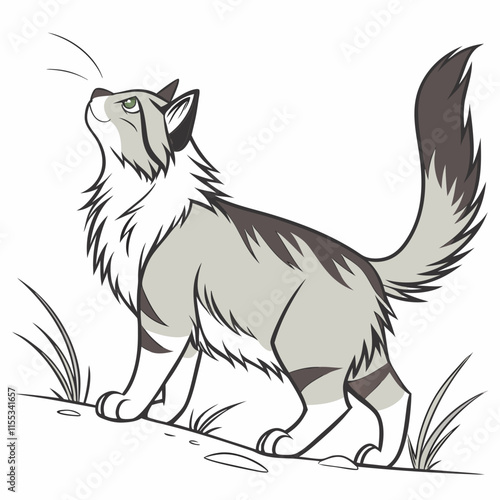 A captivating vector illustration of a Norwegian Forest Cat, poised and alert as it watches for prey, showcasing the beauty of this majestic feline in a natural setting.