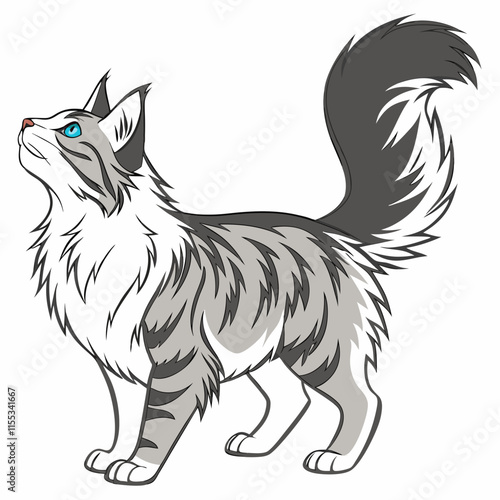 A captivating vector illustration of a Norwegian Forest Cat, poised and alert as it watches for prey, showcasing the beauty of this majestic feline in a natural setting.