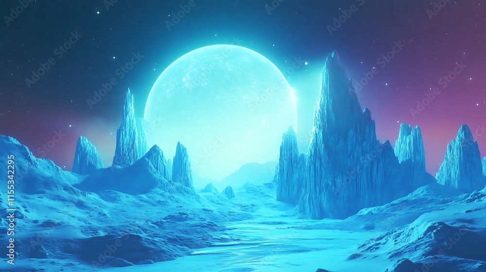 Fototapeta premium Ethereal Digital Painting: Glowing Moon Illuminates Icy Alien Landscape. AI Generated