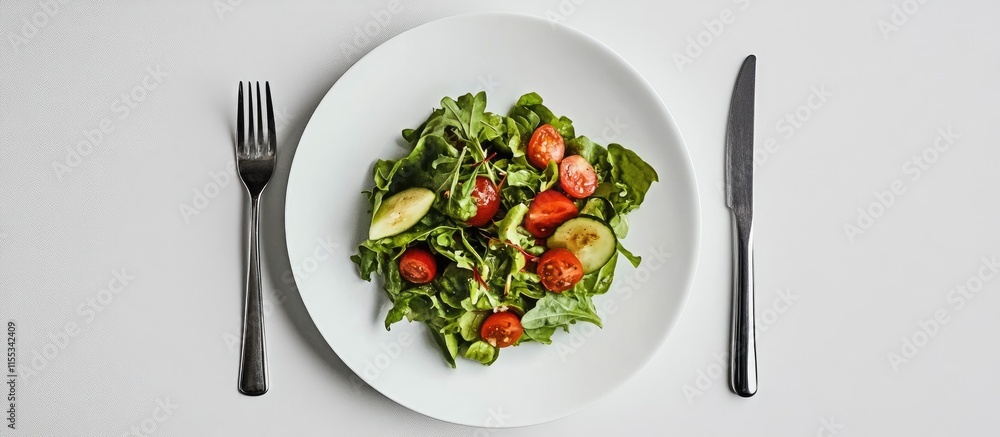 Vibrant spicy salad with fresh greens and tomatoes elegantly presented on a white plate with cutlery on a neutral background Vibrant spicy salad with fresh greens and tomatoes elegantly presented on a white plate with cutlery on a neutral background