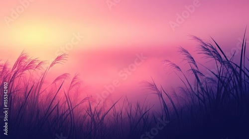 Serene silhouette of grass against a vibrant sunrise with soft fog enveloping the landscape creating a tranquil atmosphere. photo