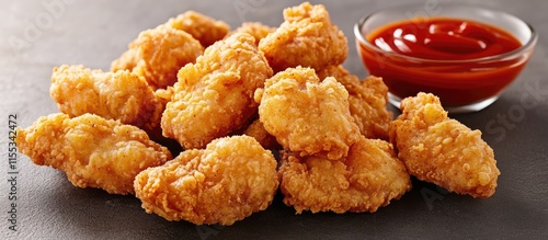 Fried chicken wings and boneless bites served with ketchup and dipping sauce on a dark background