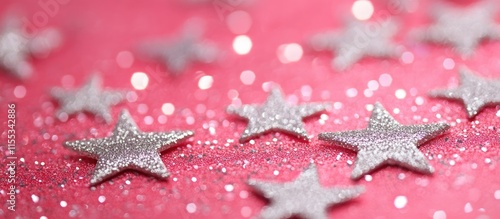 Silver stars shimmer on a bright pink background creating a festive and vibrant holiday atmosphere ideal for celebrations and events. photo