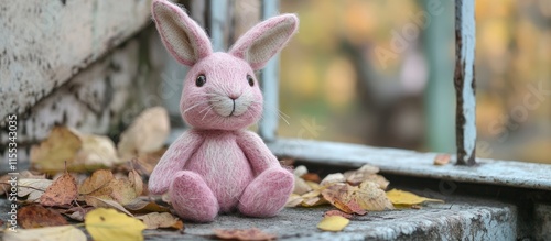 Pink hare soft toy resting on a balcony surrounded by autumn leaves and a blurred natural background photo