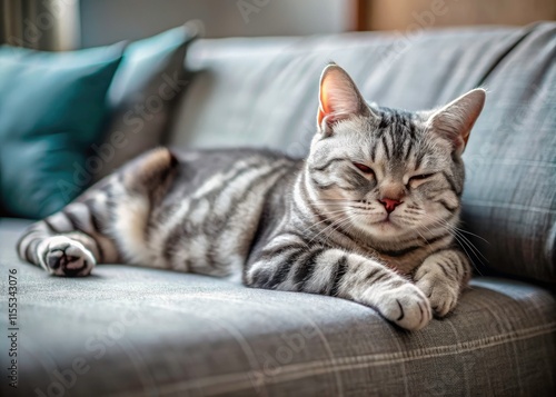 Wallpaper Mural Adorable Silver American Shorthair Cat Sleeping on Gray Sofa - Calm Relaxed Pet Torontodigital.ca