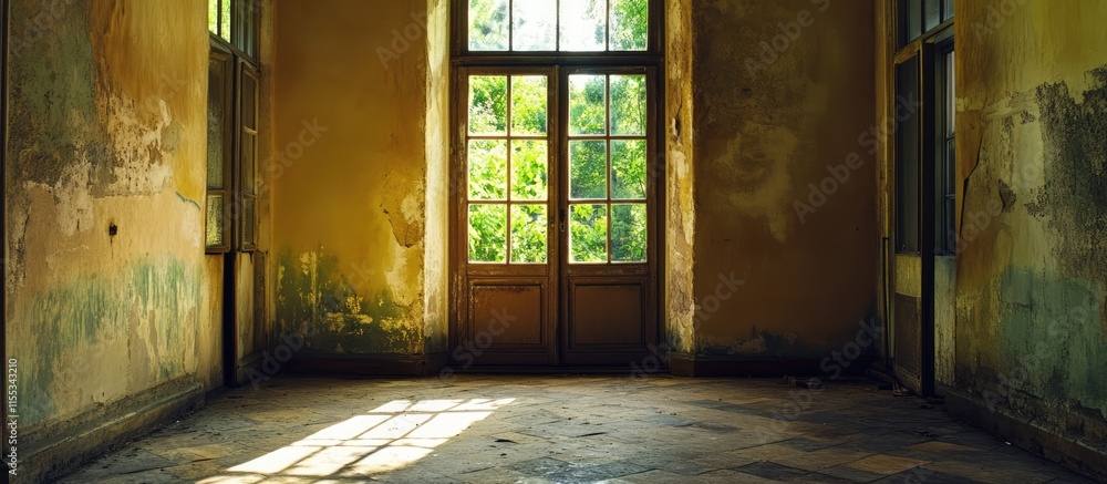 Obraz premium Spacious interior of an abandoned house with natural light highlighting potential for renovation and design inspiration.