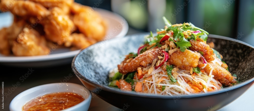 Delicious Somtum salad with fried chicken served at a cozy restaurant setting featuring vibrant colors and appetizing flavors. Delicious Somtum salad with fried chicken served at a cozy restaurant setting featuring vibrant colors and appetizing flavors.