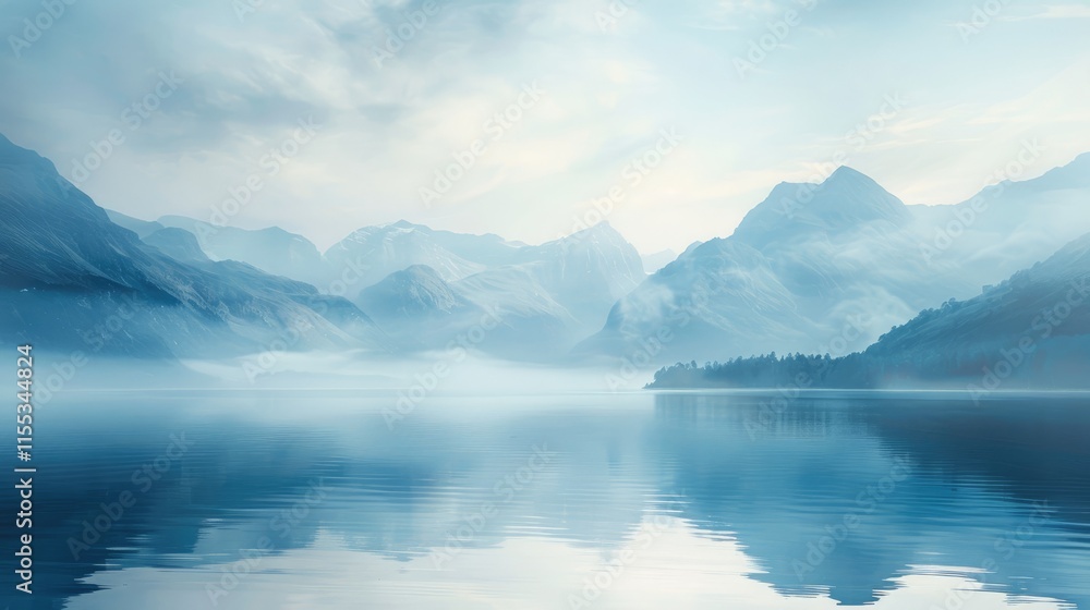 A serene mountain lake at dawn, with mist rising and the first light of day touching the peaks A serene mountain lake at dawn, with mist rising and the first light of day touching the peaks