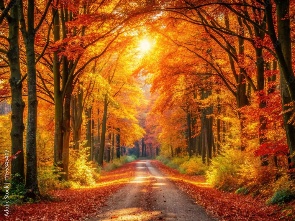 Fototapeta premium Autumn Forest Road Photography: Colorful Fall Foliage, Woodland Path, Nature Scenery