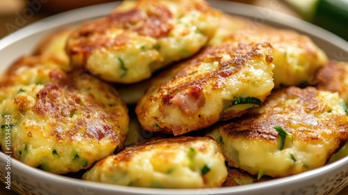 Silesian dumplings featuring crispy bacon and zucchini served in a bowl for a delicious traditional dish experience