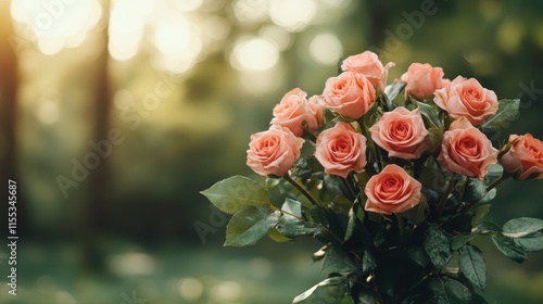 A bouquet of coral roses stands elegantly amidst a natural, sunlit forest setting, reflecting the timeless beauty and subtle charm of blossoming flora. photo