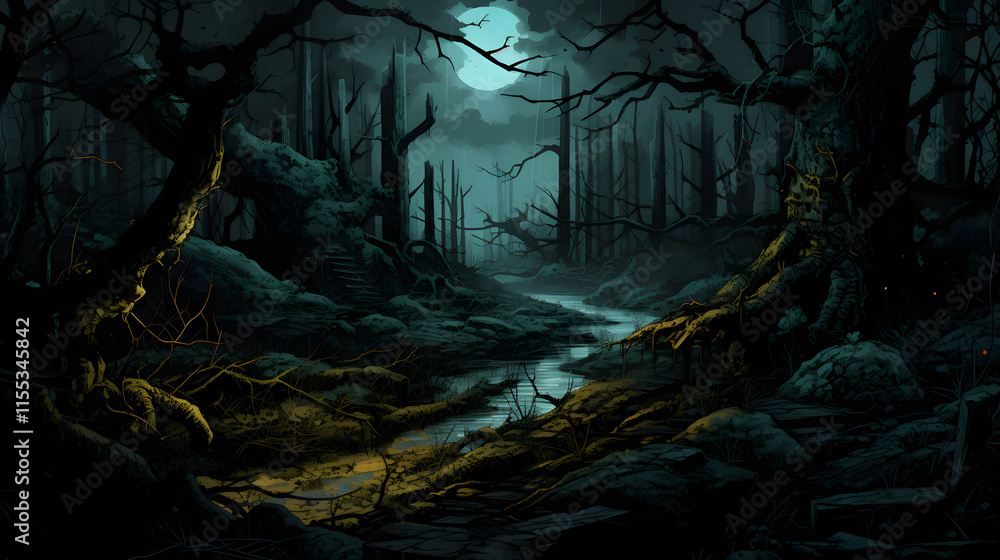 Fototapeta premium Digital mythology comic dark forest graphics poster background