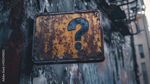 Rusty signboard with a question mark indicating uncertainty or inquiry on an urban wall background photo