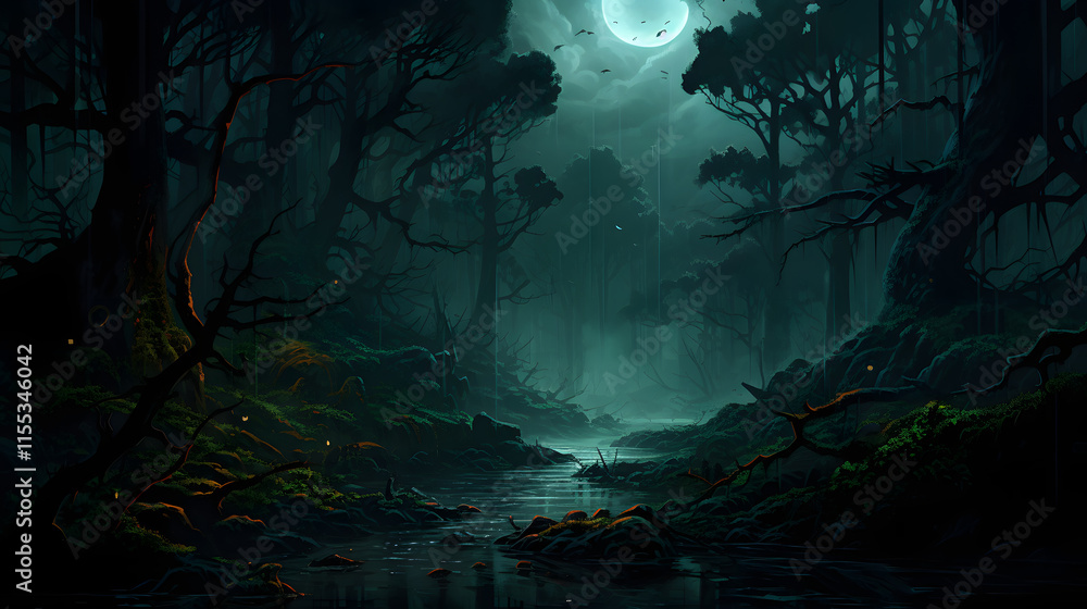 Obraz premium Digital mythology comic dark forest graphics poster background