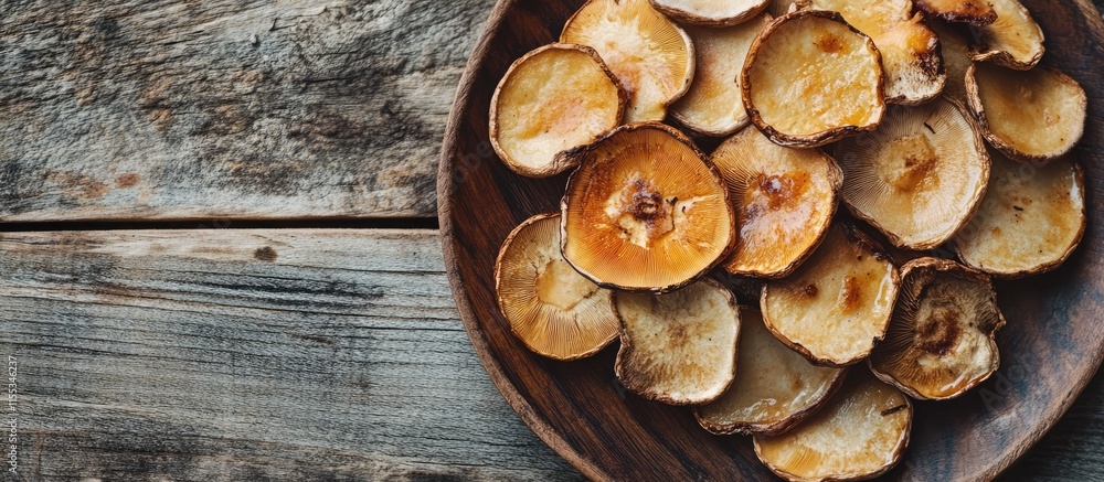 Sliced fried mushrooms on a rustic wooden plate promoting healthy vegan eating with a close-up focus on the organic aesthetic Sliced fried mushrooms on a rustic wooden plate promoting healthy vegan eating with a close-up focus on the organic aesthetic