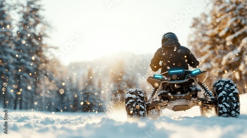 A person rides an ATV through a sunlit, snow-covered forest, creating a vibrant scene full of movement, energy, and the joy of outdoor winter activities. photo