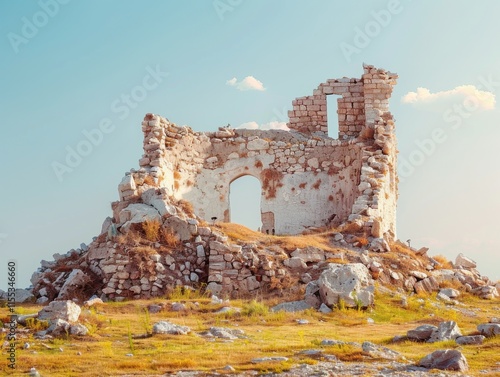 An ancient ruined structure stands solitary against a clear blue sky, showcasing the remnants of old Kandahar. The scene exudes a historic and tranquil atmosphere. photo