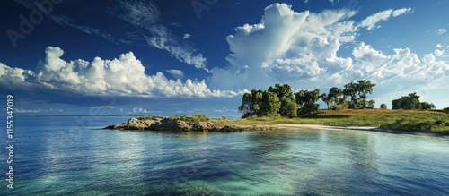 Tranquil Southern Shoreline with Lush Greenery and Clear Waters Under a Blue Sky with Fluffy Clouds photo