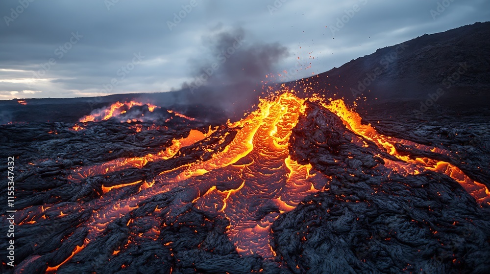 Fototapeta premium Dynamic Volcanic Lava Flow on Dark Rock Earth in Natural Eruption : Generative AI