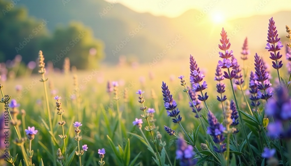 Naklejka premium Tall grasses and lavender plants sway gently in the breeze, gentle wind, wildflowers