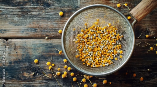 Sieve containing dried chamomile flowers on rustic wooden table surface showcasing herbal tea preparation elements photo